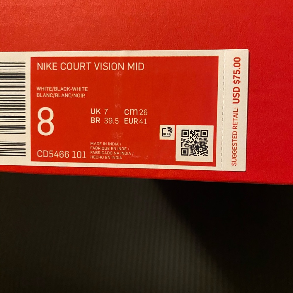Nike Court Vision Mid White Black Size 8